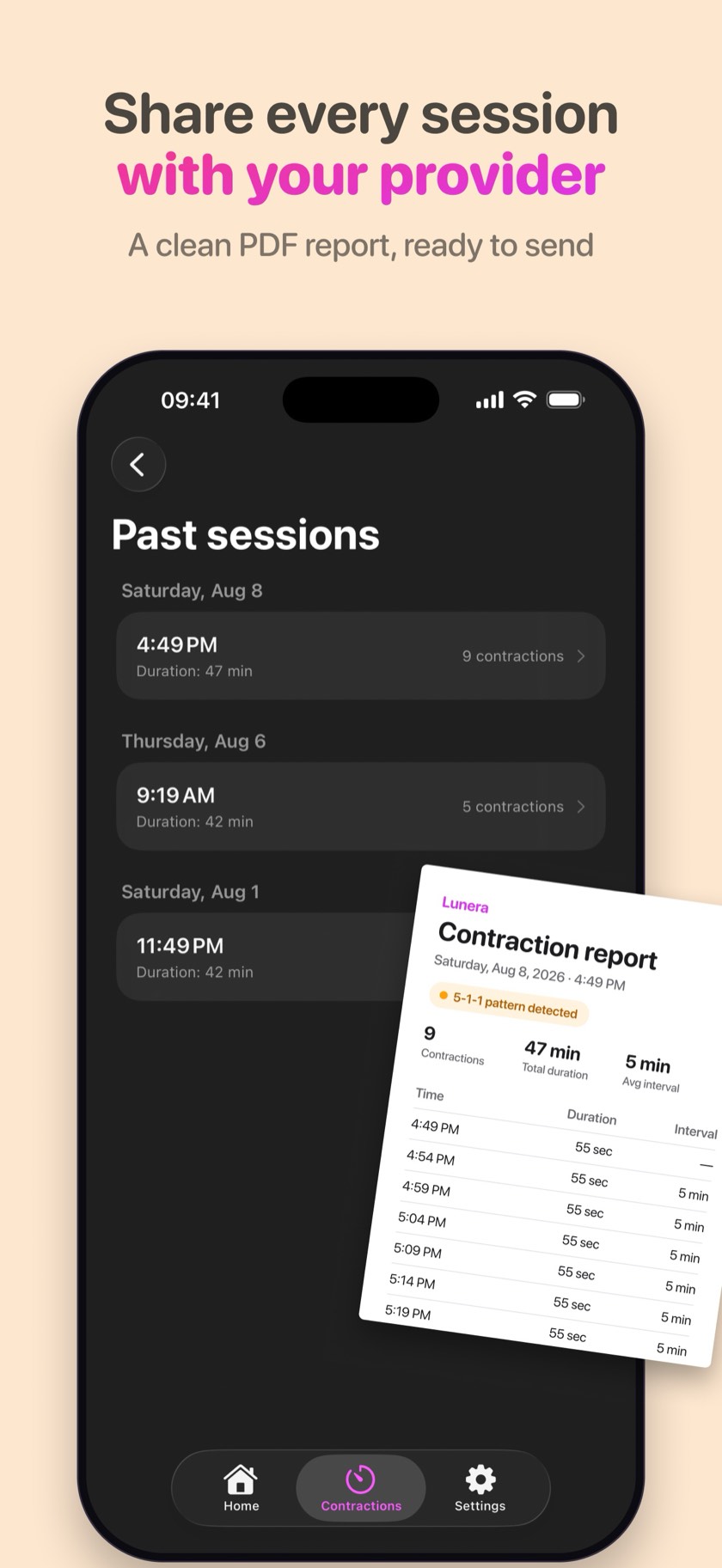 Lunera contraction history with a PDF report ready to share with a doctor or midwife