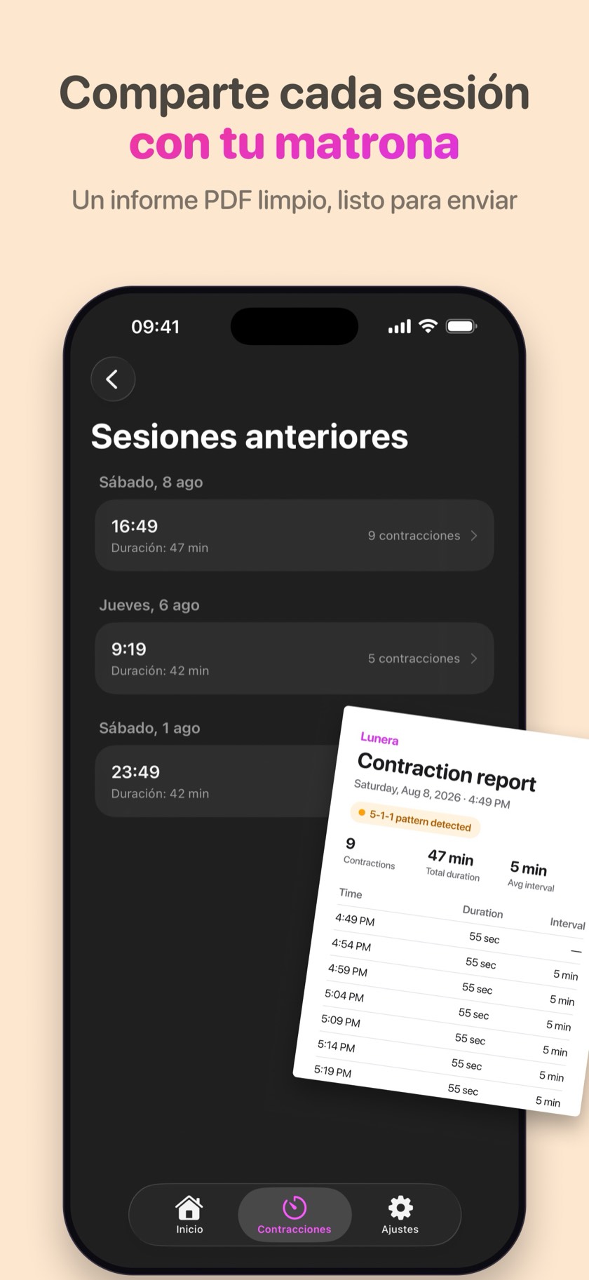 Historial de contracciones de Lunera con un informe en PDF listo para compartir con tu matrona o médico